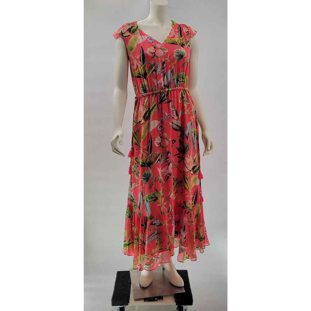 Chicos Maxi Dress Womens 0 Pink Tropical Floral Tassels Lined Swing Flowy